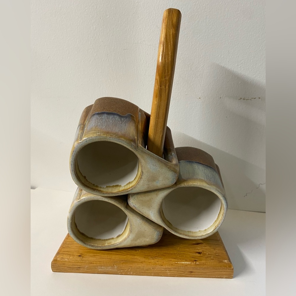 Set of 3 vintage Padilla pottery mugs with wooden stand Mexico